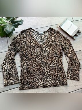 Vintage 90s Y2K Pinup Rockabilly Leopard Cheetah Print V-Neck Stretch Top Size L